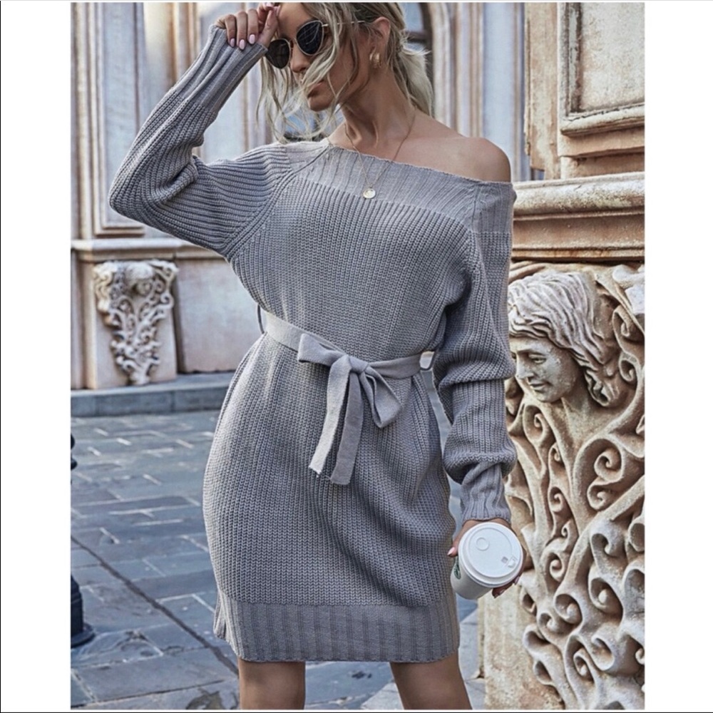 Grey Tie Waist Knit Sweater Dress